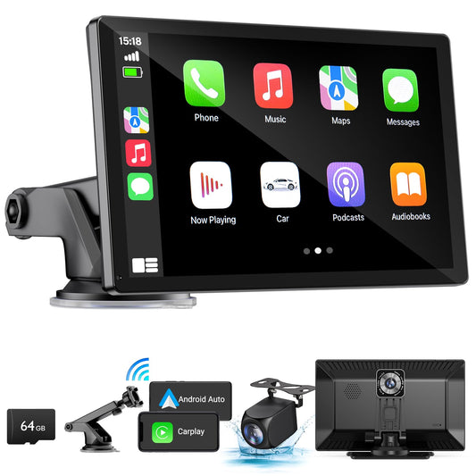 Wireless Carplay Touchscreen with 4K Dash Cam, 9" Portable Apple Carplay & Android Auto Car Stereo, Carplay Screen with 1080p Backup Camera, GPS Navigation/Mirror Link/Voice Control/Bluetooth