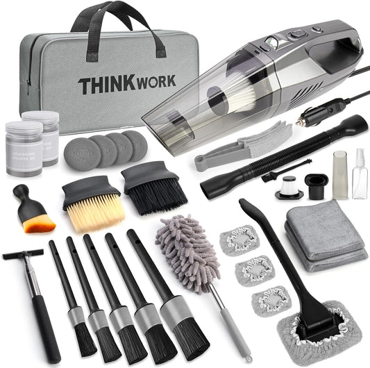 THINKWORK Car Cleaning Kit, Car Vacuum Kit, Car Detailing Kit Interior Cleaner - High Power Vacuum with 10Pcs Brush and Storage Bag, Gray Car Interior Cleaning Kit for Men and Women