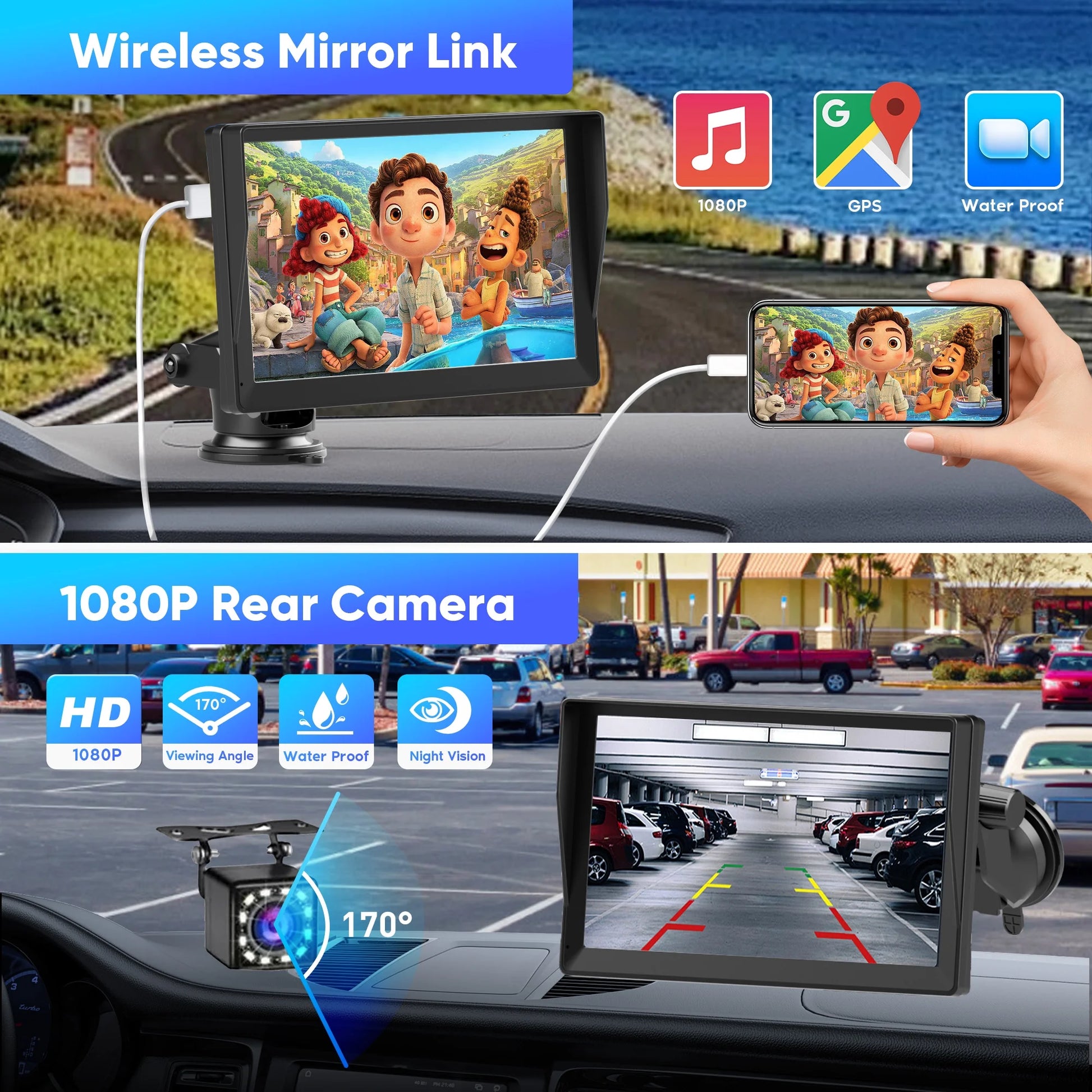 Portable 9'' Touchscreen Monitor Wireless Apple Carplay, Android Auto, New